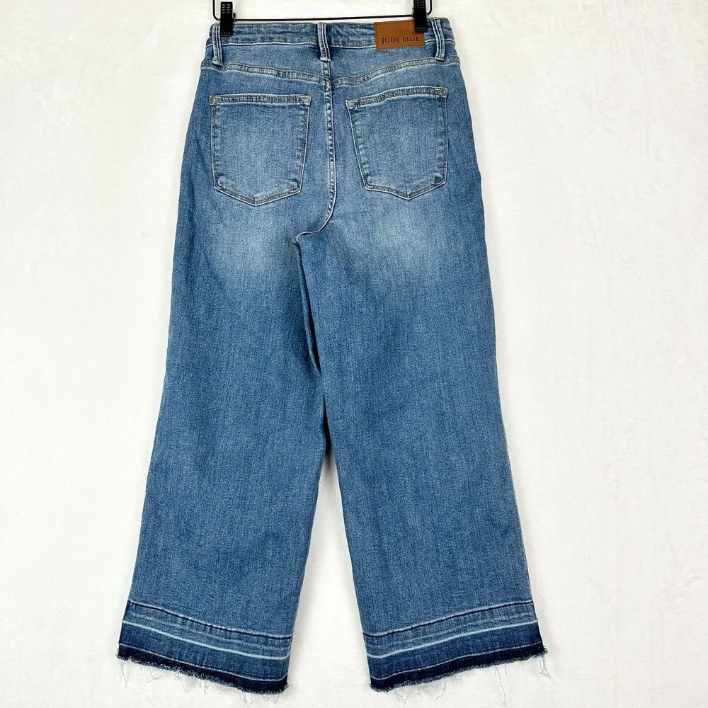 Judy Blue High Rise Wide Leg Crop Jeans Size 7/28 Medium Wash Released Hem - Image 4