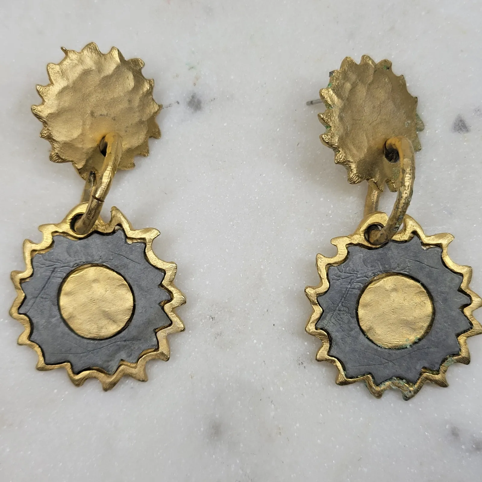 Vintage Sunburst Dangle Earrings Womens Gold Brass Handmade Celestial Statement - Image 15