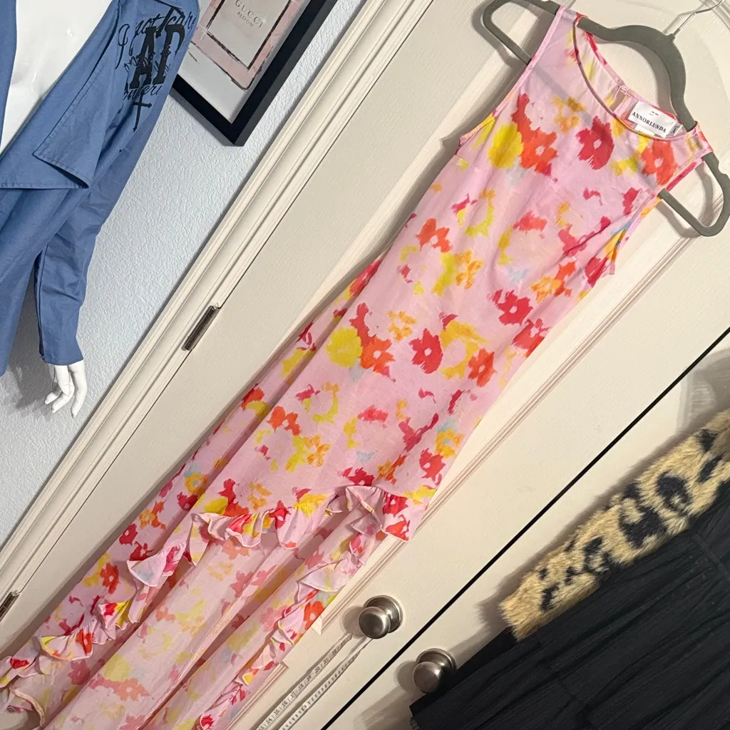 💖 Annorlunda Blurred Acid Floral Print Sheer Chiffon Pink Maxi Dress - Image 2