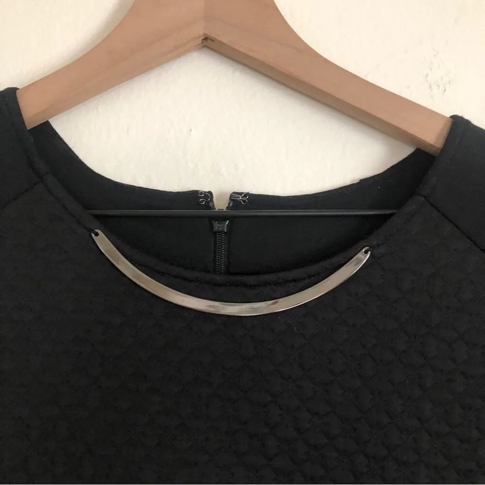 Rafaella Black Quilted Silver Metal Accent Short Sleeve Round Neck Blouse Top - Image 2