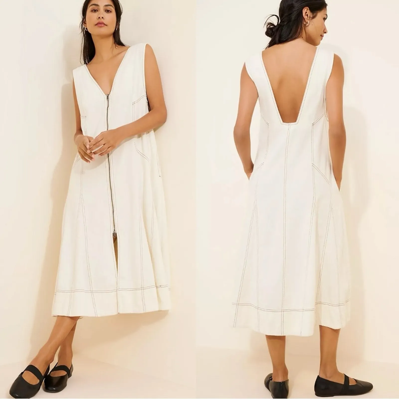 Free People Santino Denim Jean Zip Front Midi Dress in Ecru Size XL Minimalist - Image 3