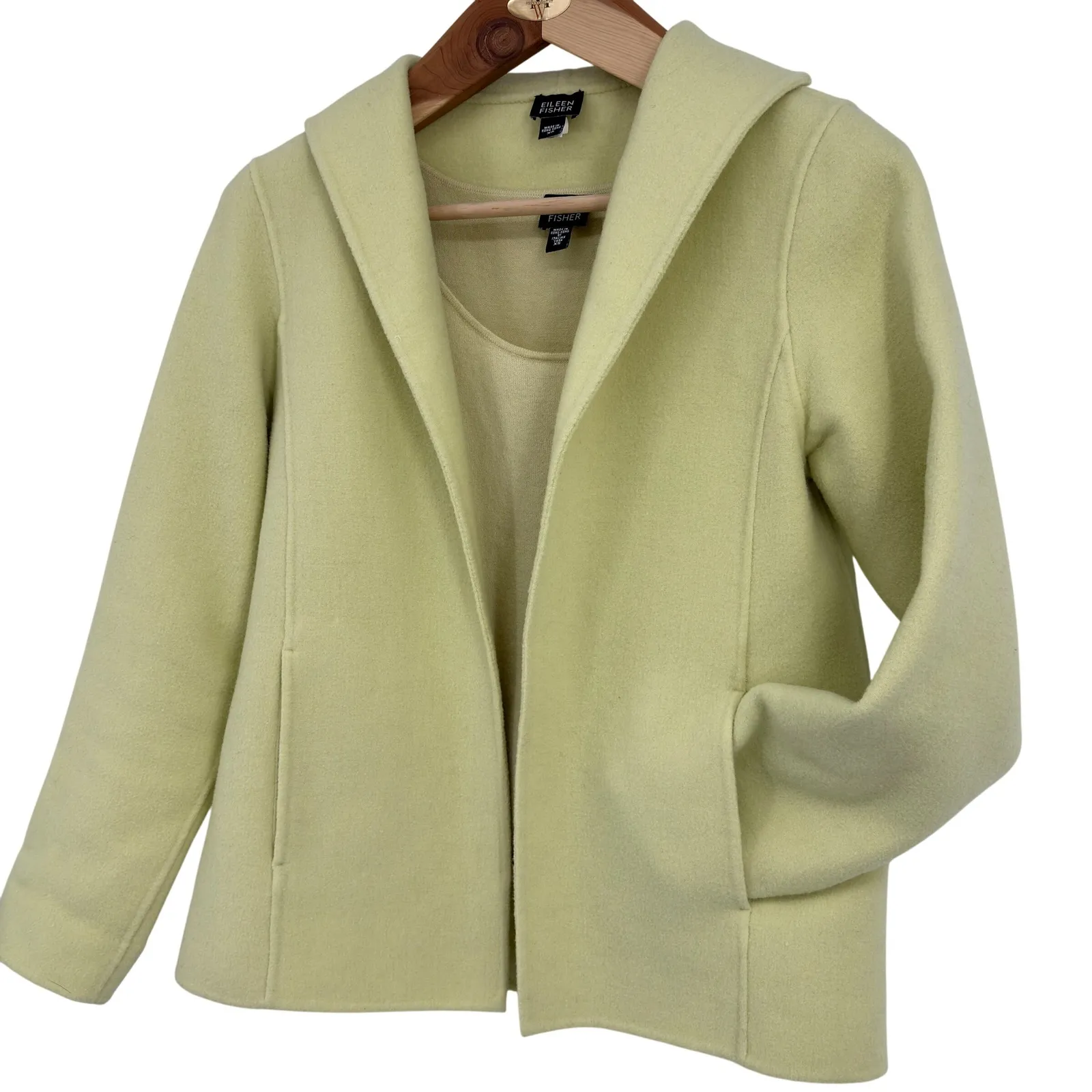 Y2K Eileen Fisher 2 Pc Set Jacket Tank Light Pistachio Merino Wool Hong Kong XS - Image 4