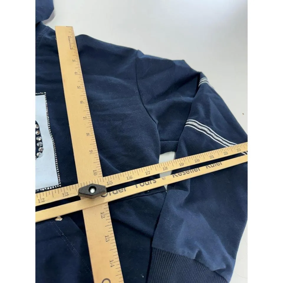 Pinko Hoodie Womens Medium Blue White Rhinestone Star Mixed Media Pullover - Image 6