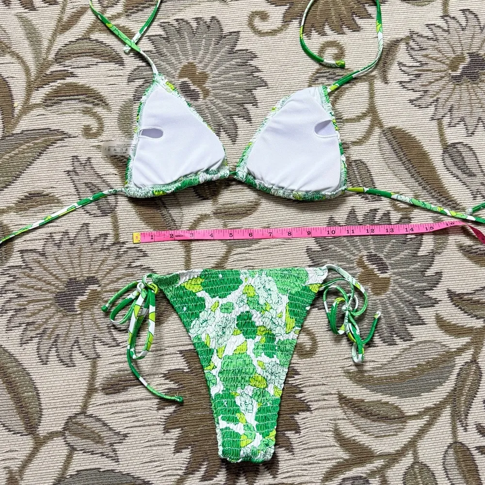 Floral Bikini Swimsuit 2pc Green String Smocked L Large - Image 3