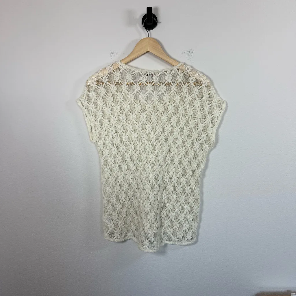 Coldwater Creek Women’s Open Knit Crochet Top Ivory/Tan Size M - Image 7