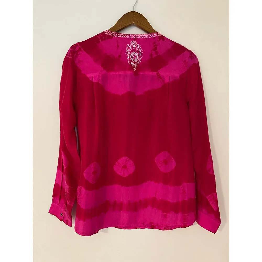 Soft Surroundings Hibiscus Lagoon Boho 100% Silk Blouse Hot Pink Red Fuschia M - Image 8