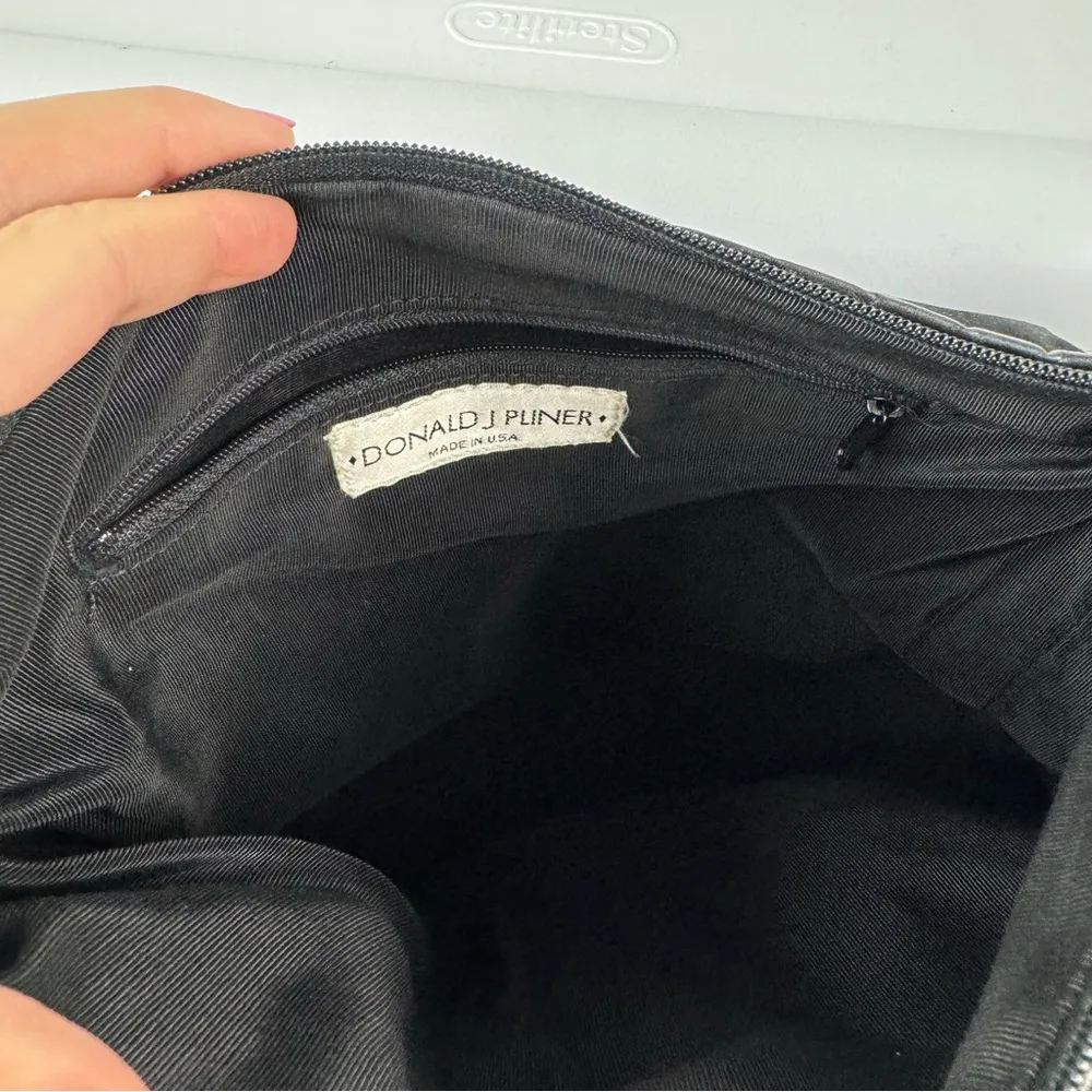 Vtg Donald J Pliner Bucket Bag Nylon Croc Embossed Leather Shoulder Bag Black - Image 12