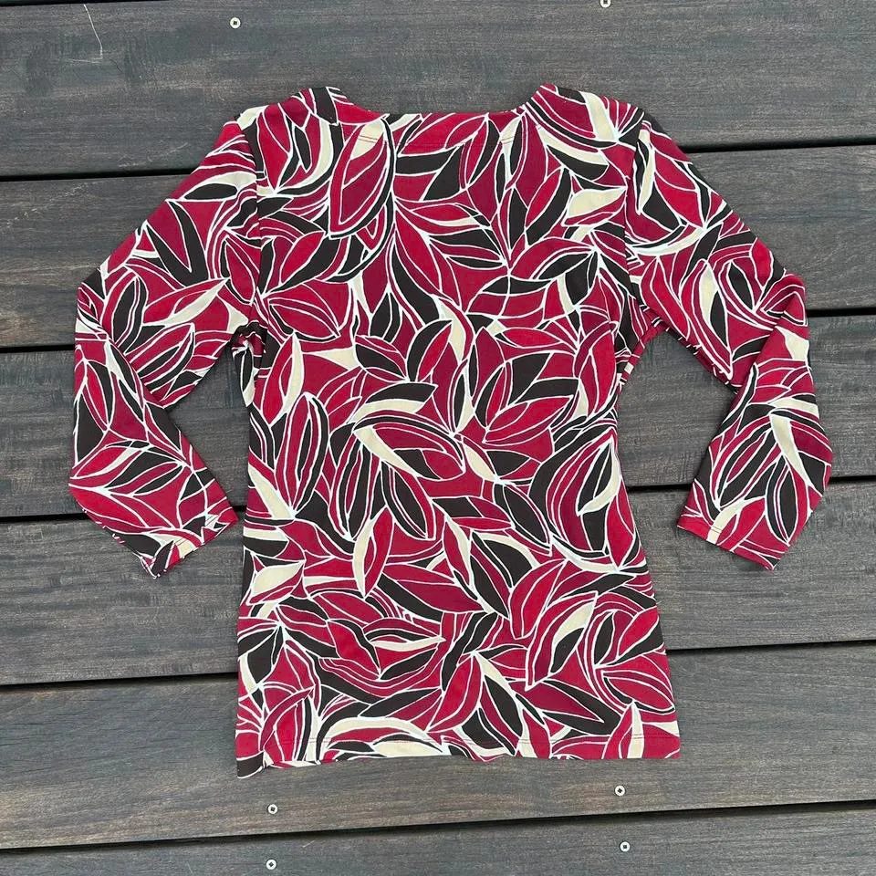 Red/Brown Sigrid Olsen Long Sleeve Stretchy Tie Front V-Neck Top w/ Leaf Design - Image 6