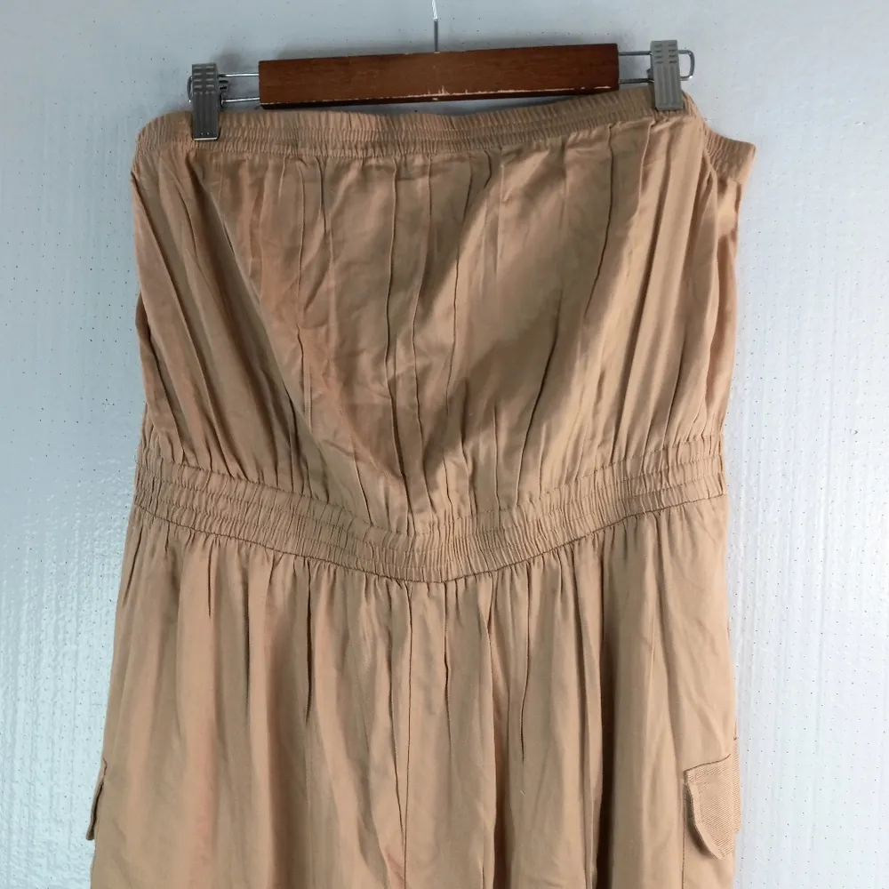 Jolie & Joy 1X Strapless Safari Cargo Jumpsuit in Soft Golden Beige Tan - Image 3