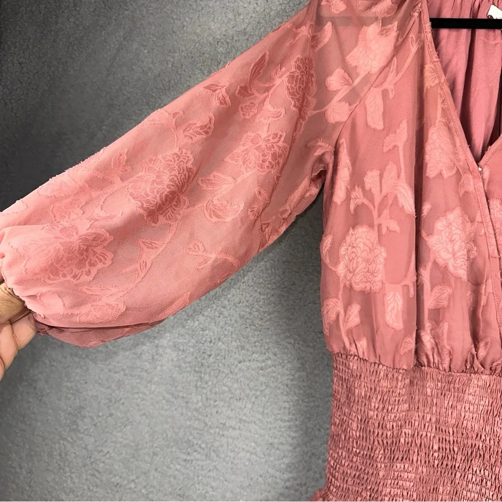 Mustard Seed Dress Womens Small Mauve Floral Smock Waist Tier Bishop Sleeve Mini - Image 7