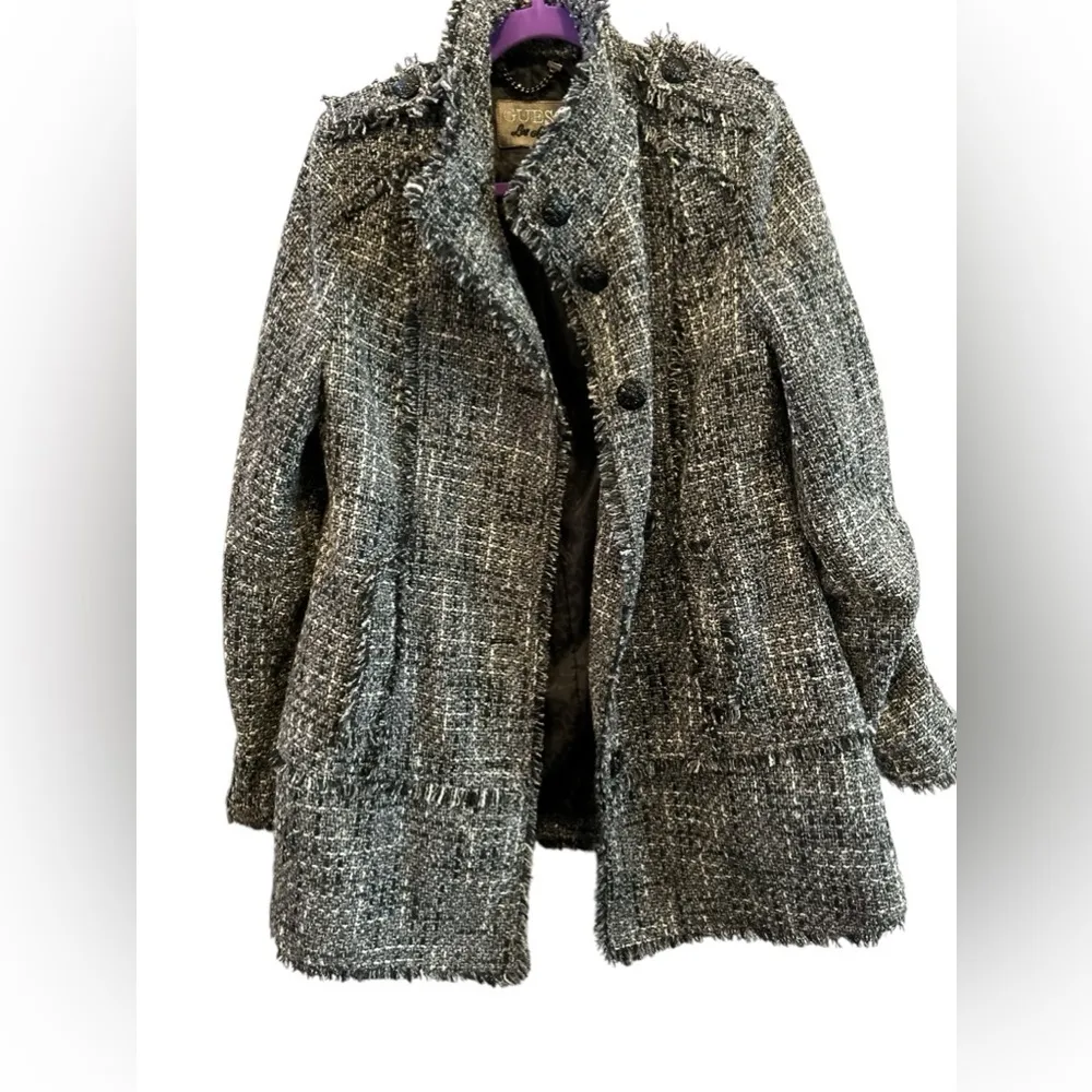 GUESS Women's Tweed Overcoat‎ Black Fringe Detail Size XL Casual Fall - Image 6
