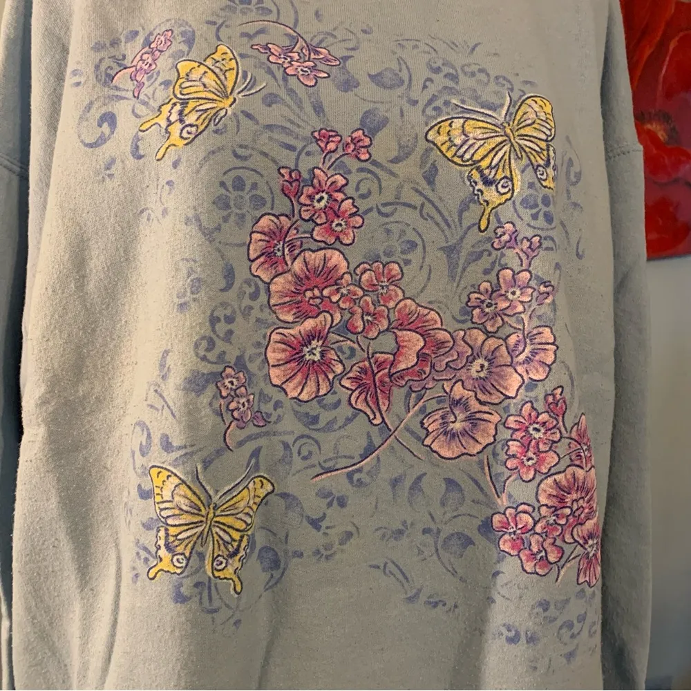 Vintage Jerzees Blue Sweatshirt Womens Butterflies Honduras Size L Large - Image 2