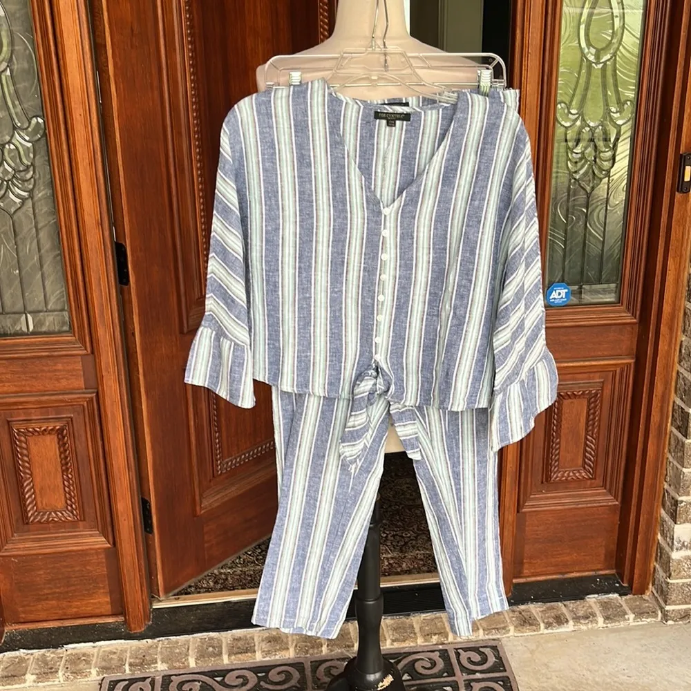 Linen Cotton Set Cynthia Bell Sleeve Top Elastic Back Pants - Image 6