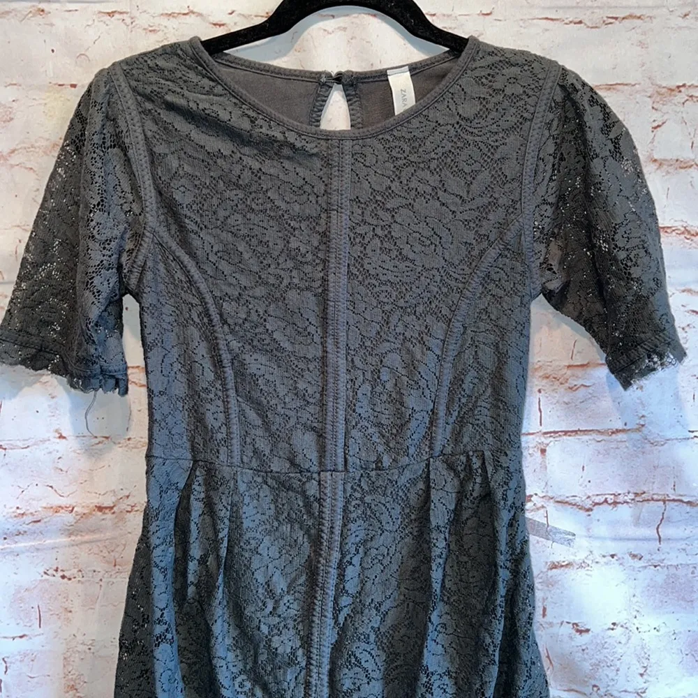 Zara Collection crew neck lace overlay short sleeve mini dress green fitted Med - Image 2
