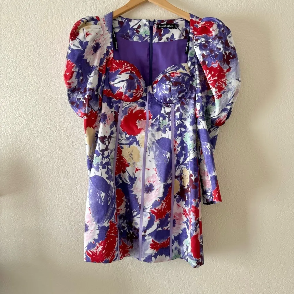Lavish Alice puff sleeve heavy satin mini floral dress - Image 3