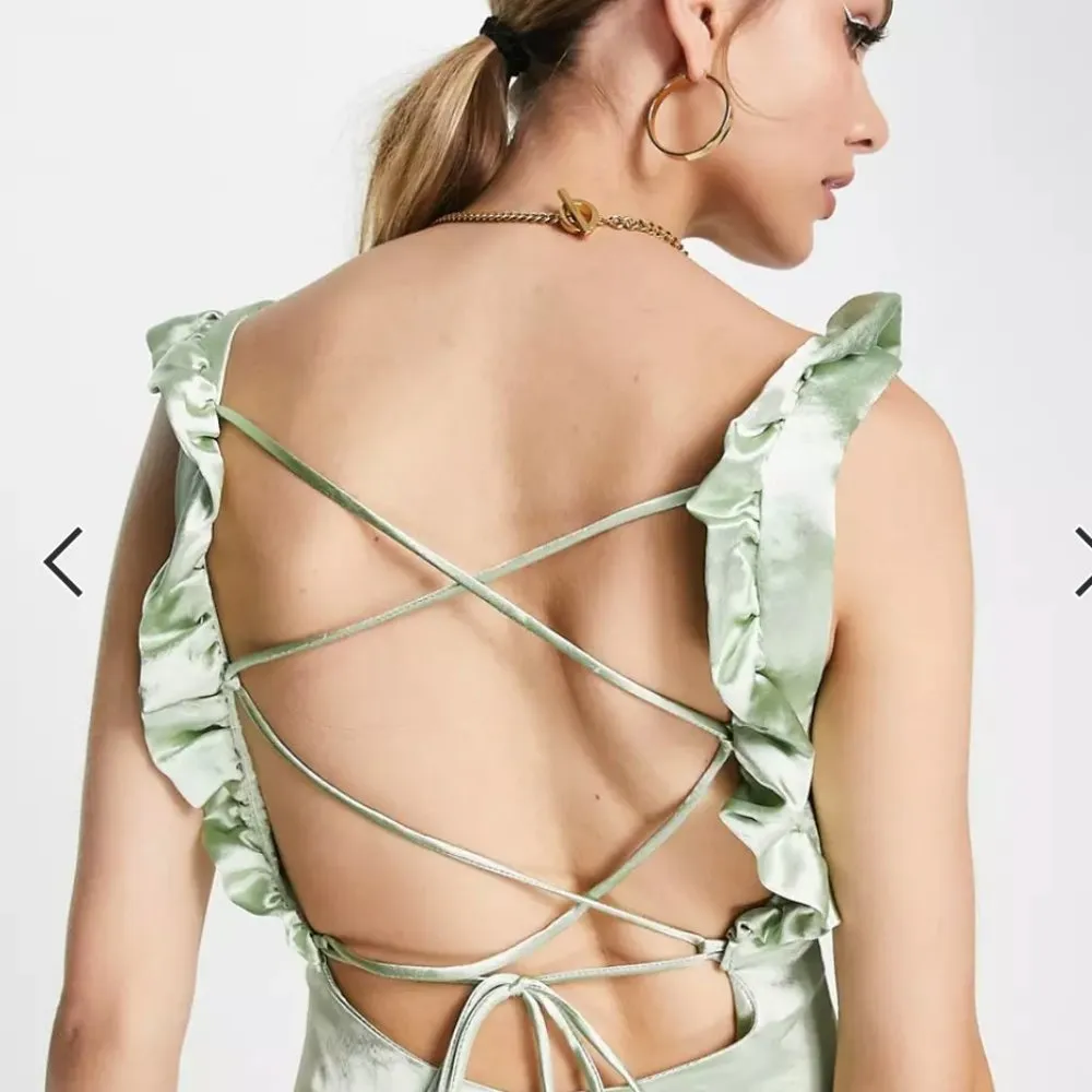 NWOT Topshop ruffle cami mid-maxi dress with cross back in sage - Image 3