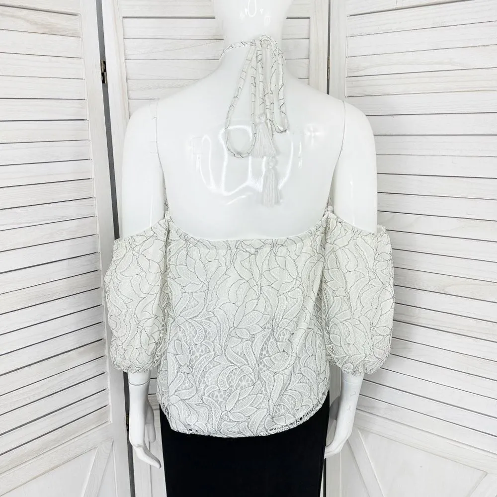 Beau Tissu Lace Cold Shoulder Puff Sleeve Halter‎ Blouse White Black Small - Image 4