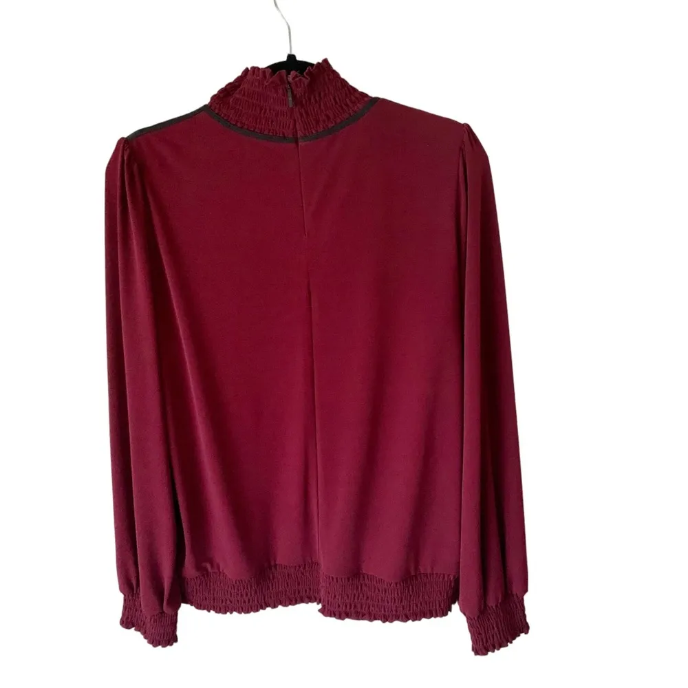 Karl Lagerfeld Paris Maroon Wine Red Cinch Smocked Mock Neck Blouse Top - Image 6