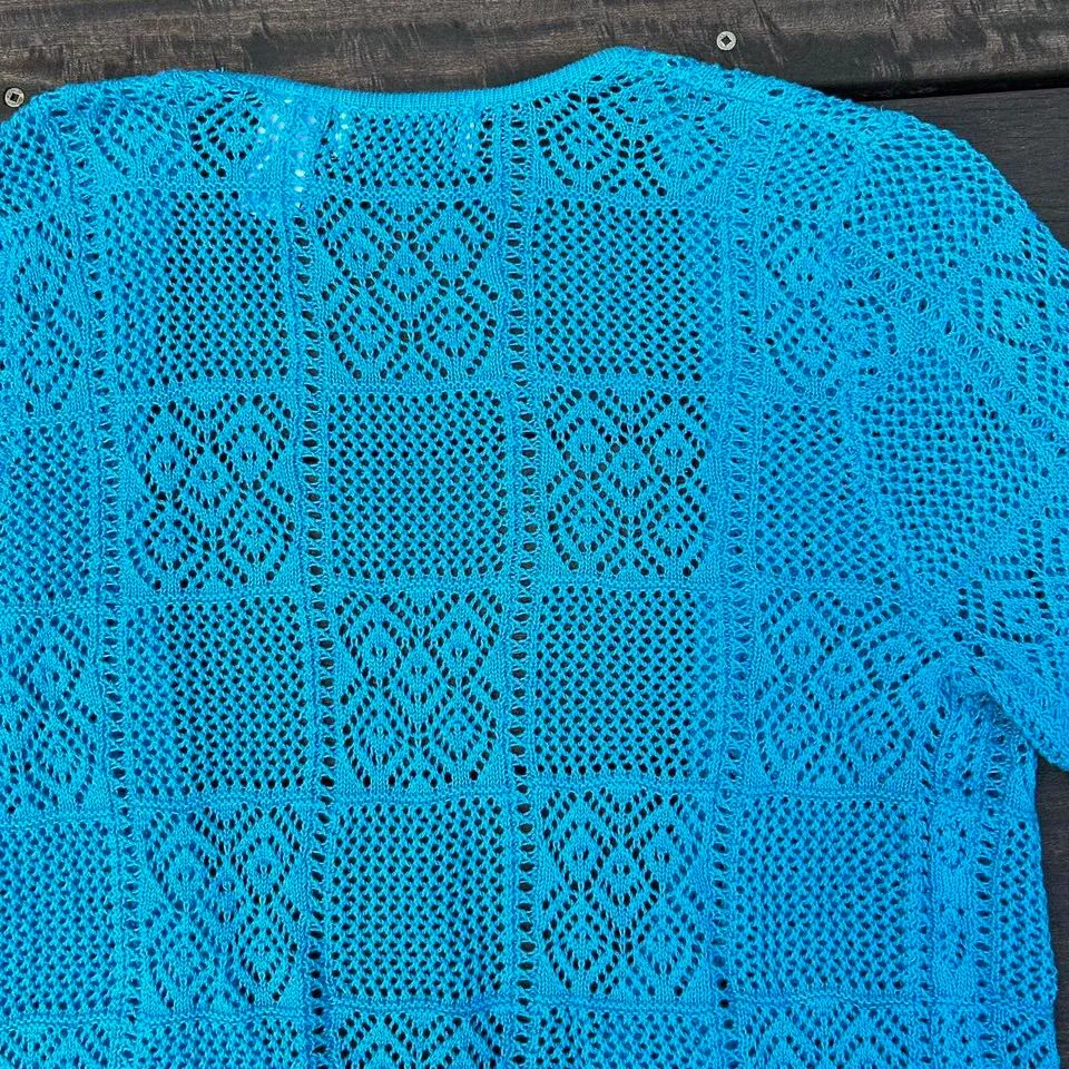 Vintage Y2K Blue Alfred Dunner Crochet Short Sleeve Tie Up Cover Up Cardigan Size L - Image 5