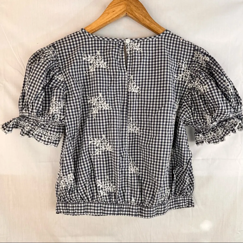 Broadway 38 Gingham Floral Embroidered Eyelet Crop Blouse Ruffle Sleeve Womens S Blue - Image 4