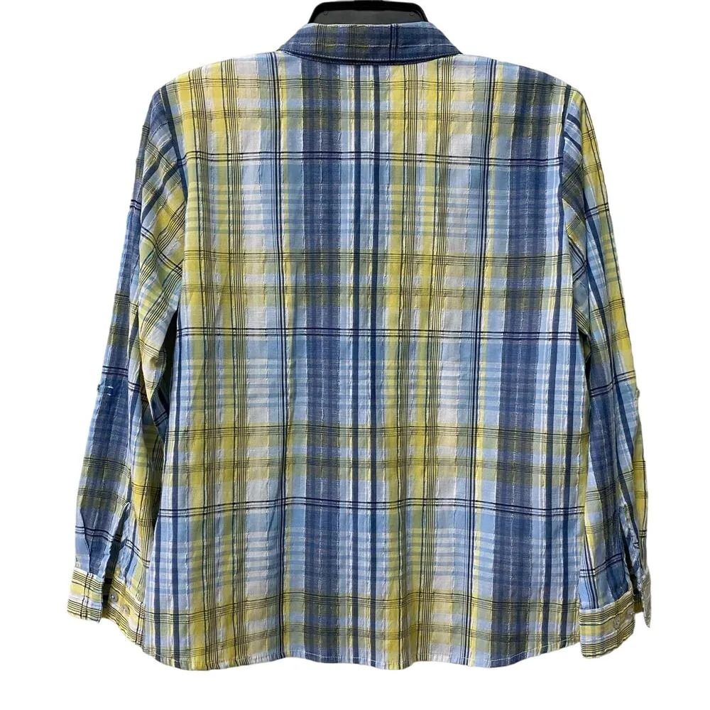 Allison Daley Women’s Shirt Petite 10P Button Up Long Sleeve Yellow Blue Plaid - Image 2