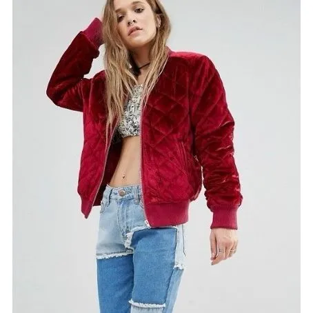 Boohoo red velvet quilted bomber jacket size small - Image 2