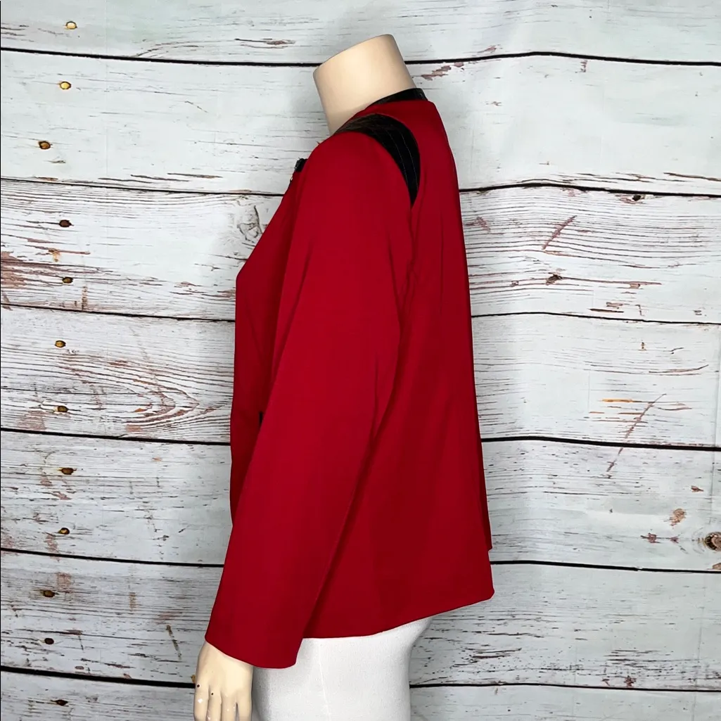 Susan Graver NWT Size 1X Red - Black Faux Leather Trim Milano Knit Zip Up Jacket - Image 2