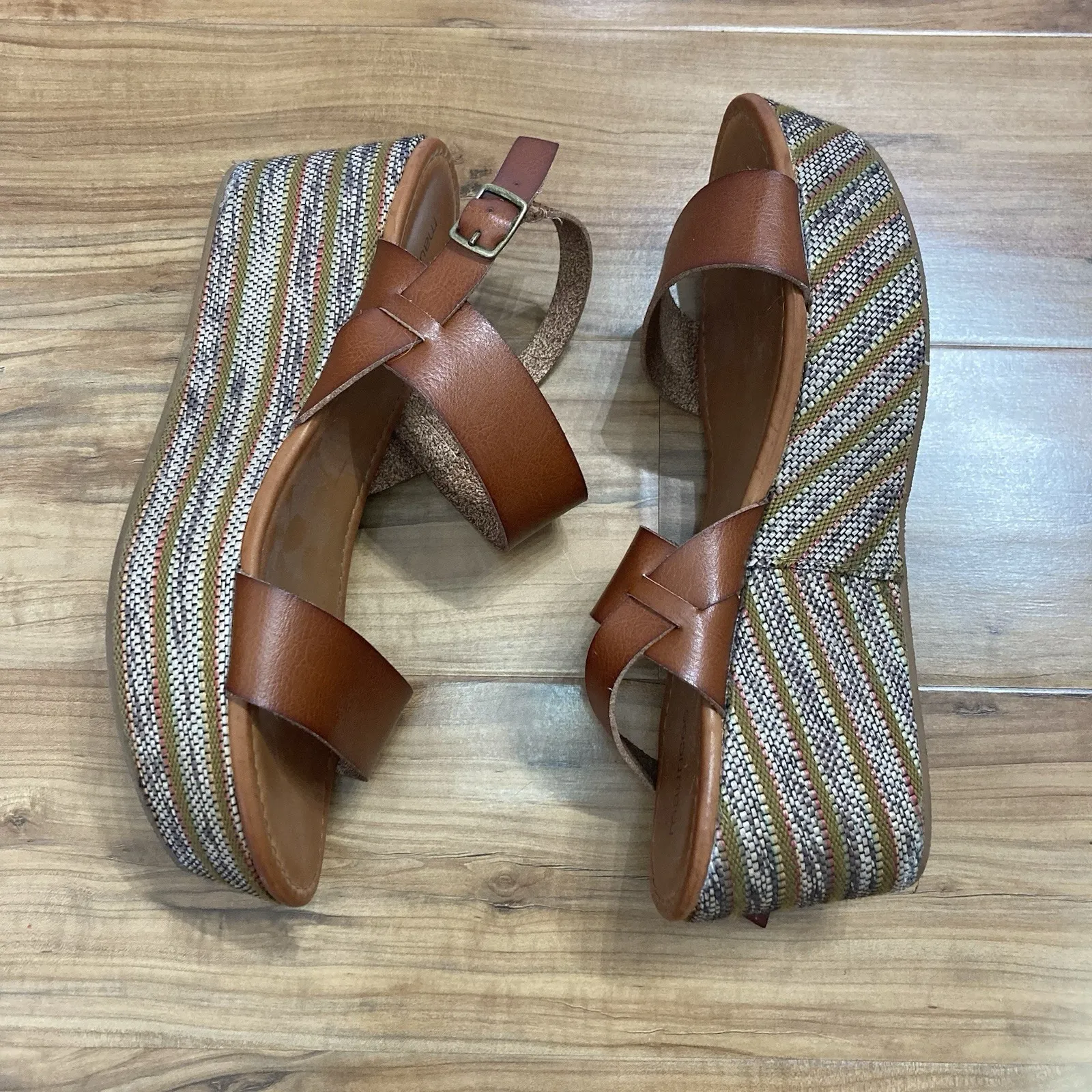 Maurices Sandals Womens Sz 11 Brown‎ Double Strap Slingback 3" Wedge Heels Honey - Image 3