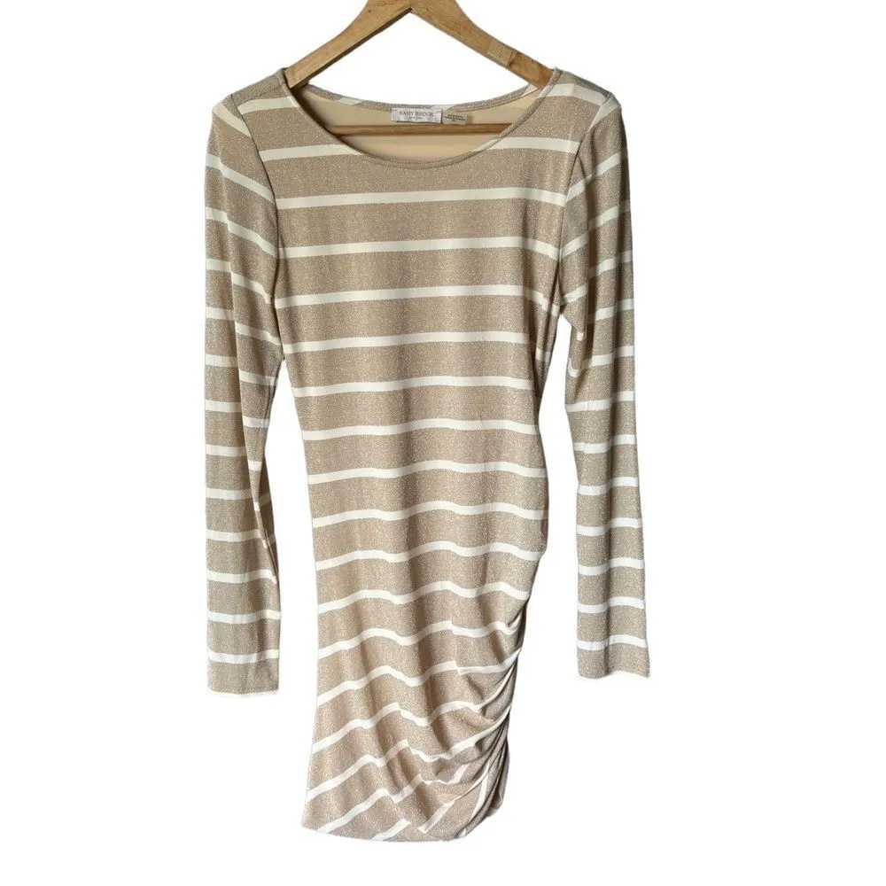 Ramy Brook Fay Size M Tan and Cream Sparkly Mini Bodycon Rouched Dress Cocktail - Image 6