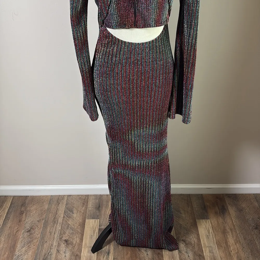 Dee Elly Metallic Stripe Cutout Back Long Bell Sleeve Maxi Dress Multicolor M - Image 9