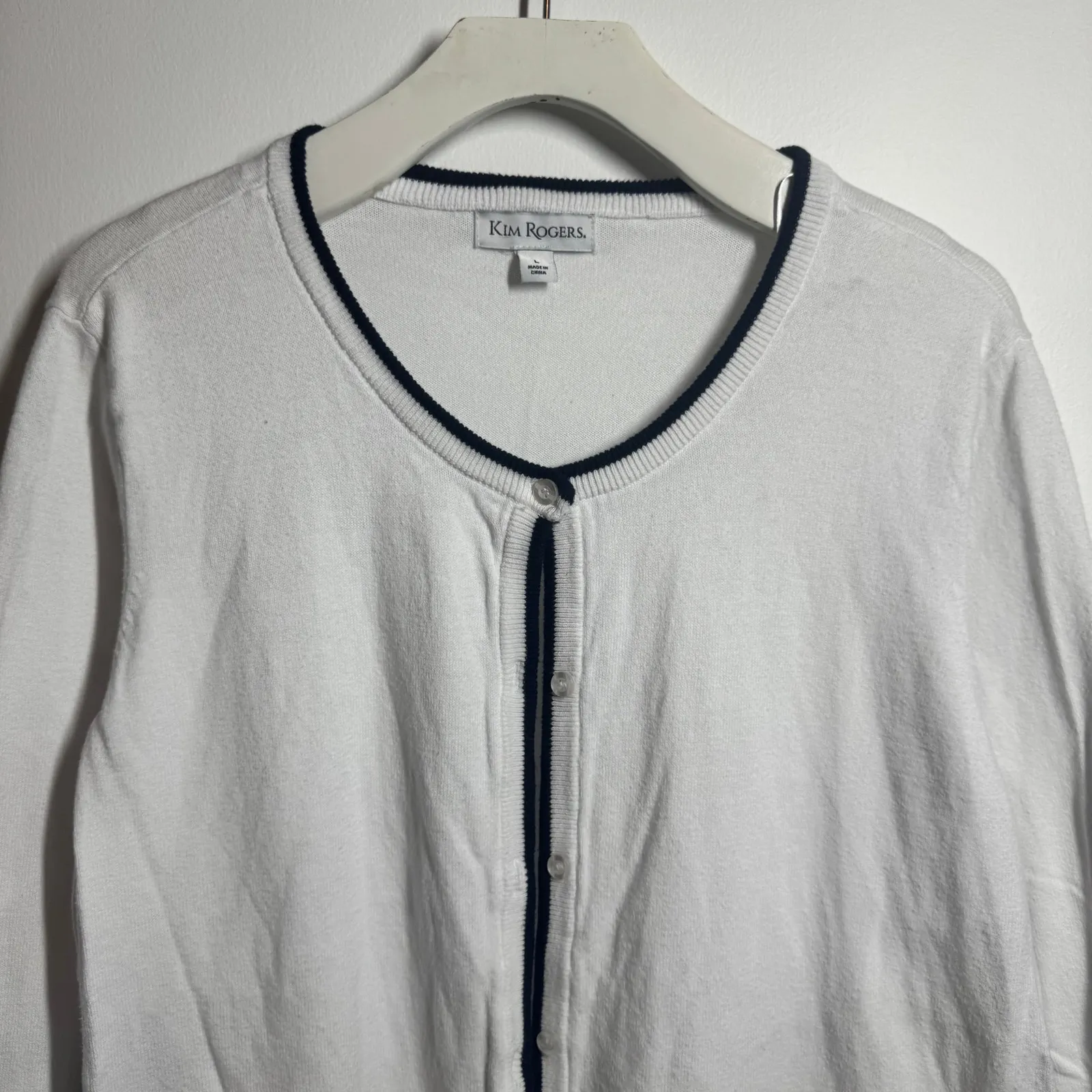 Kim Rogers Sweater Women L White Blue Navy Trim Nautical Coastal Cotton Cottage - Image 3