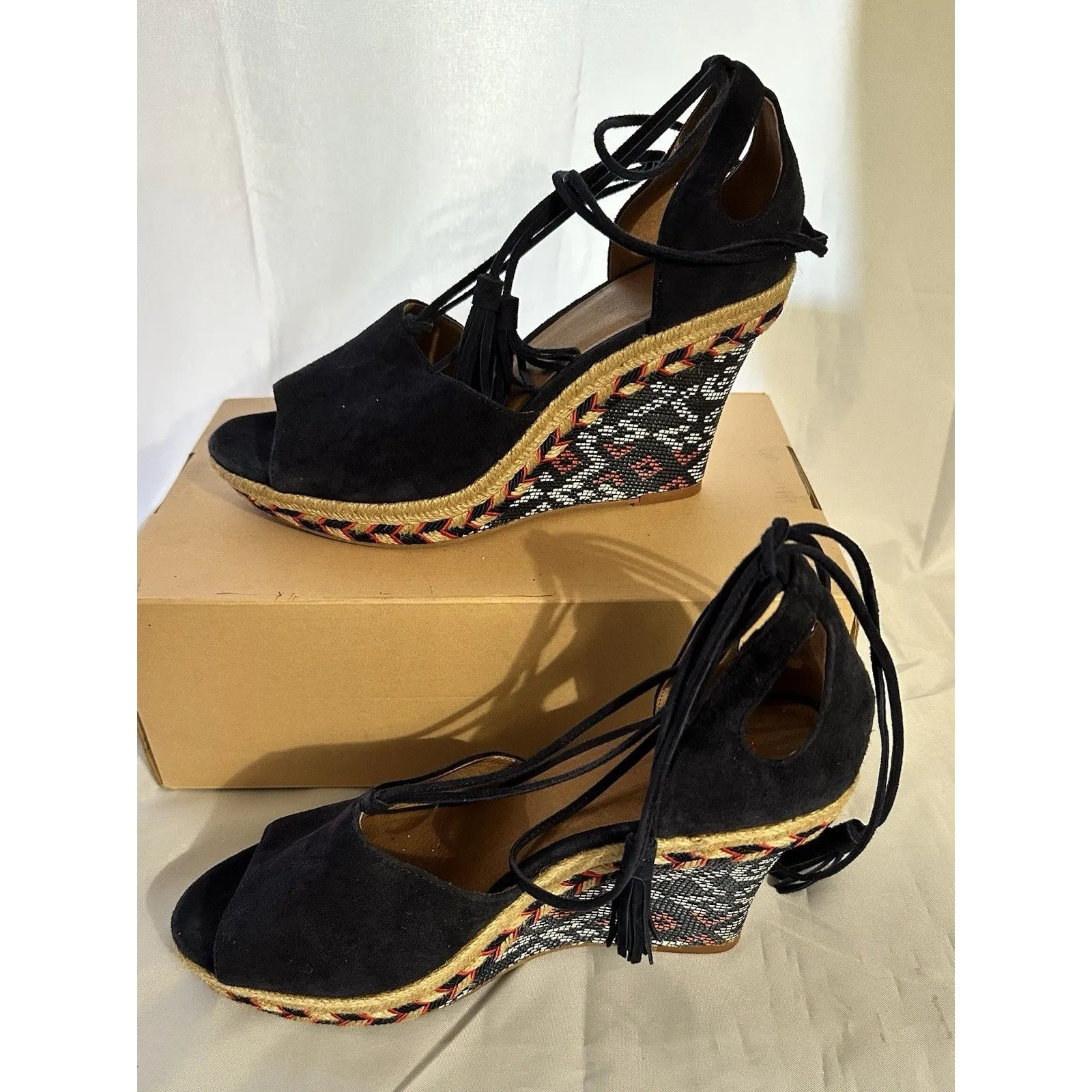 Cabi Navy Isla Blue Wedge Lace Up Espadrilles Aztec Heel Peep Toe 6001 Size 8.5 - Image 3