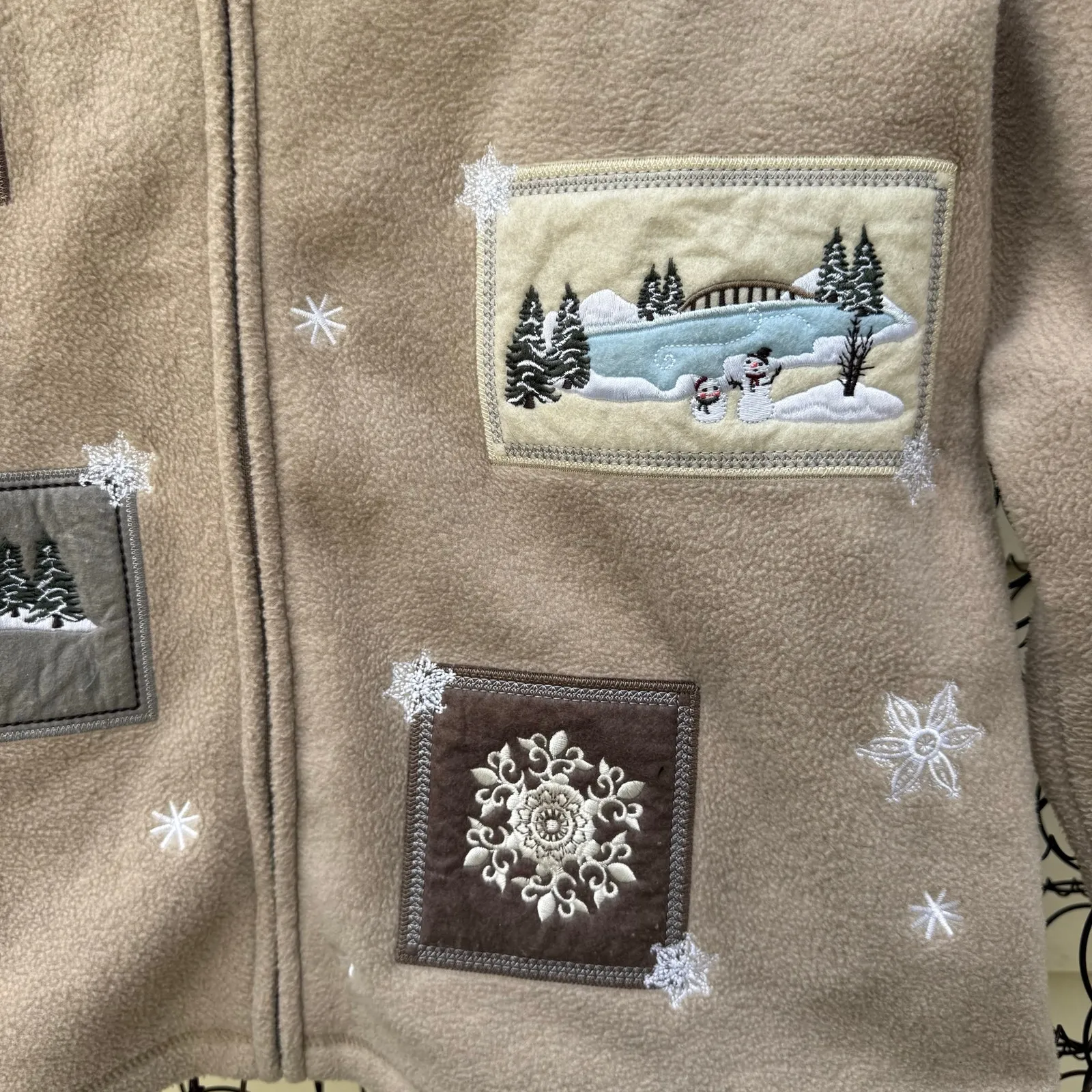 90s Croft & Barrow Tan Fleece Cabincore Applique Embroidery Fleece Cardigan MED - Image 2