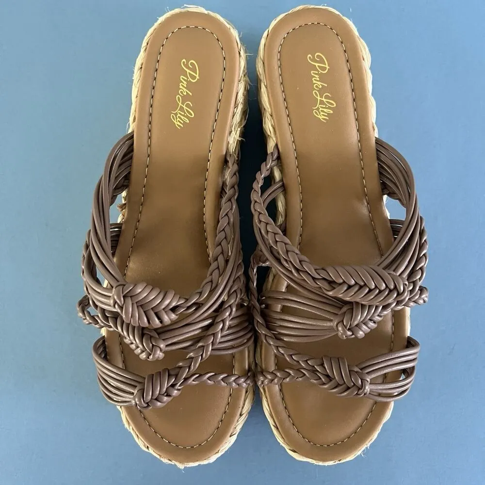 Pink Lily Katherine Brown Leather Braided Espadrille Platform Sandals - Image 8