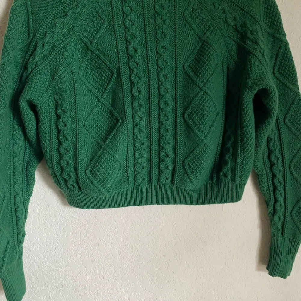 Cable Knit Wool Blend Cropped Varsity Green Cardigan XS - Image 11