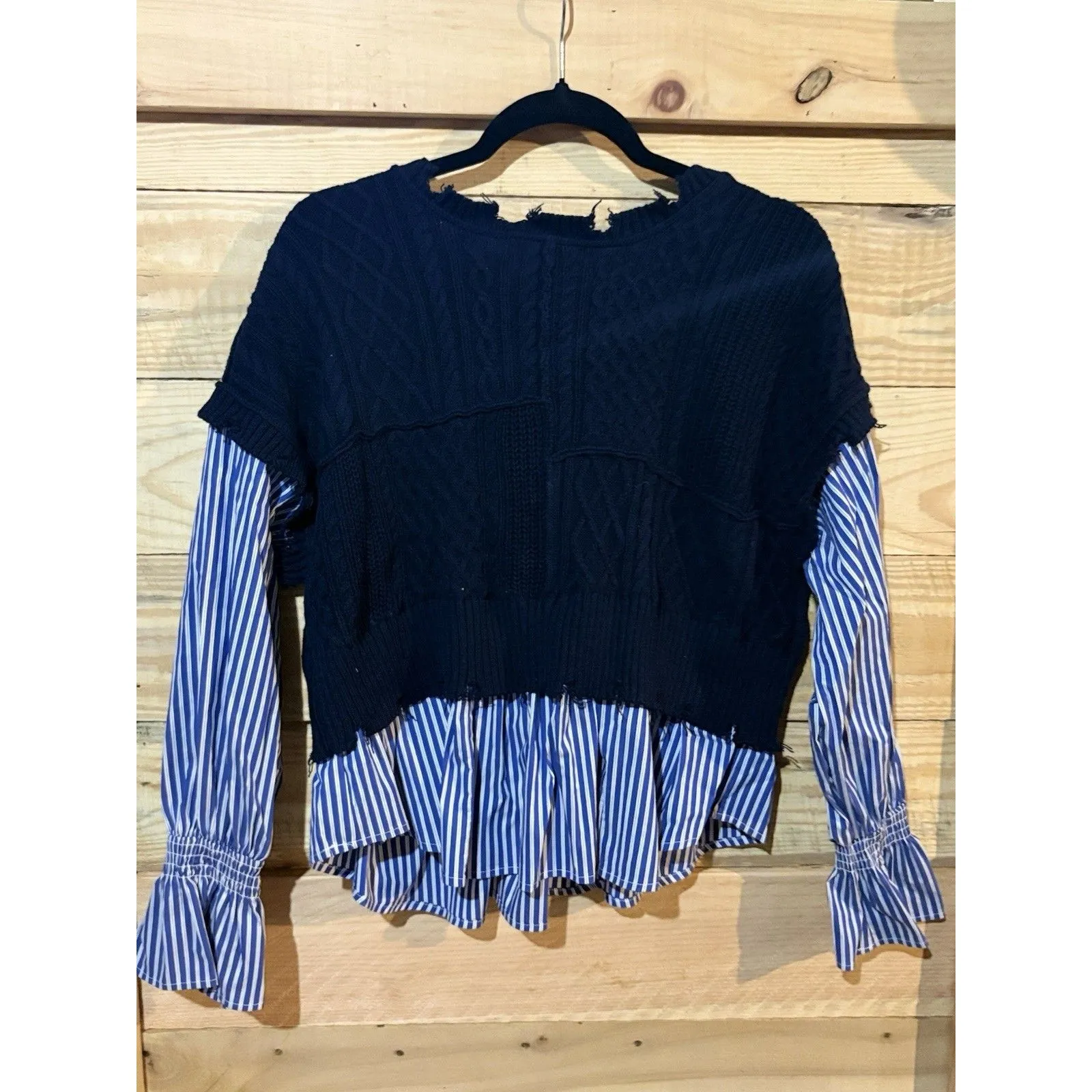Avantlook XS Layered Mixed Media Top Blue Knit Stripe Shirt NWT - Image 6