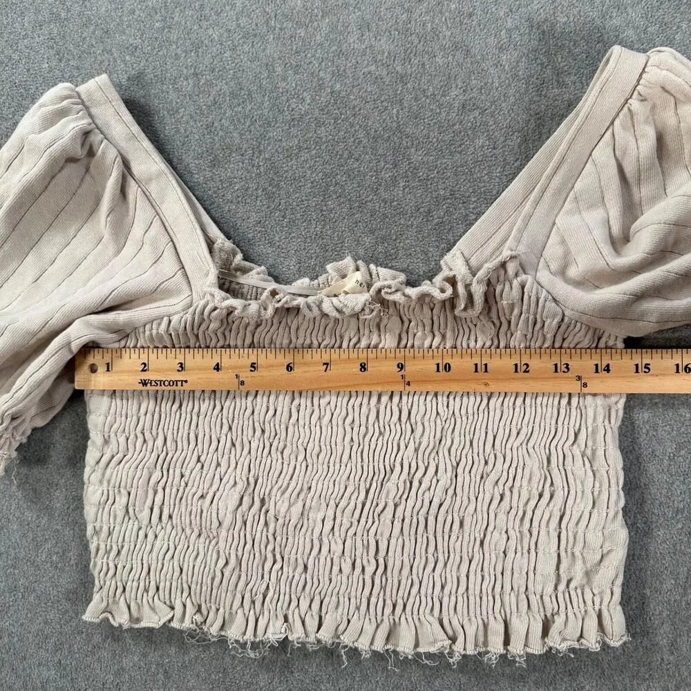 By Together Smocked Cropped Top Size Large Beige Ribbed Puff Sleeve Cotton Boho - Image 7