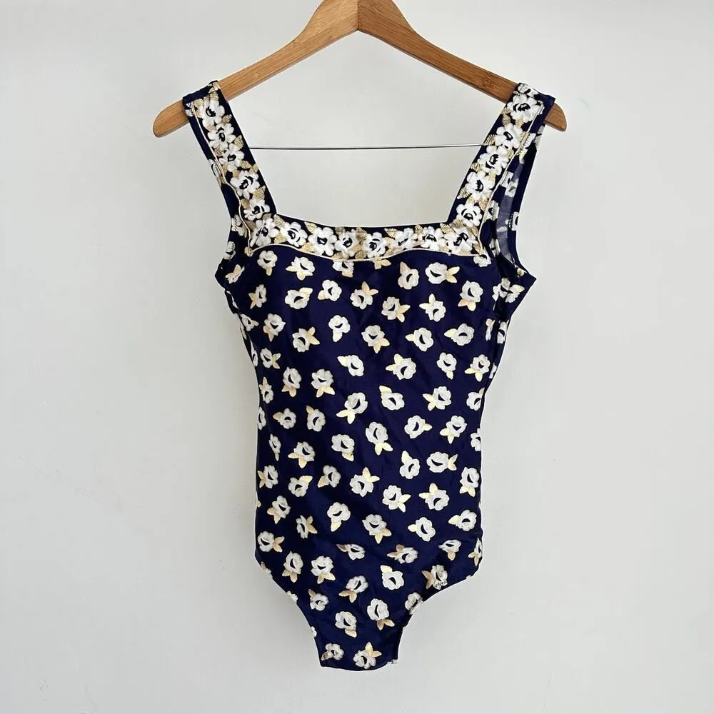 Gottex Swimsuit Medium Navy Floral Metallic Coastal One Piece Modest VTG 70s - Image 4