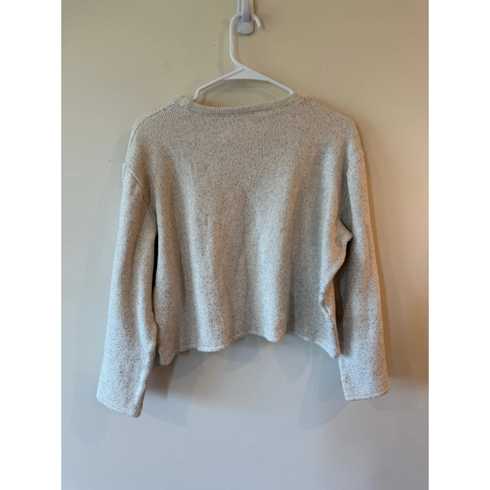 Zara Drop Shoulder Metallic Silver Crop Cotton Sweater Cream Women's Size Large - Image 2