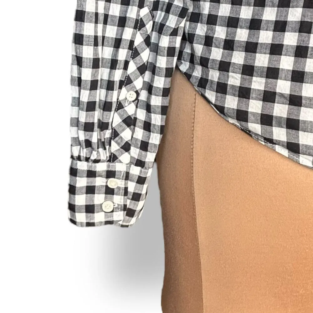 J Crew Gingham Plaid Tie Front Cropped Button Down Shirt Medium Black White - Image 4