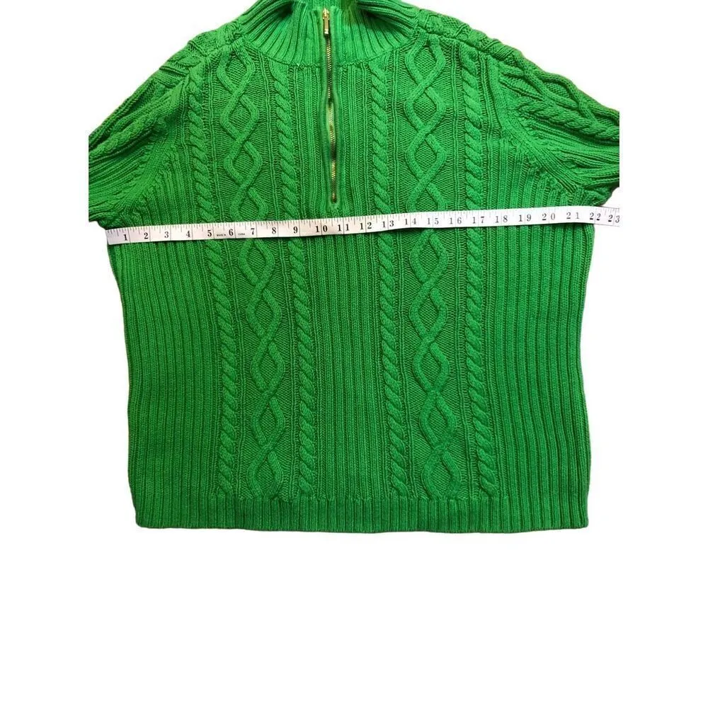 Chaps vintage green cable knit 3/4 gold zip mock turtleneck sweater size M - Image 8