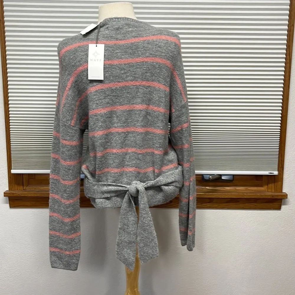 Wayf NWT Grey and Pink Stripe Sweater with Waist Tie Large - Image 5