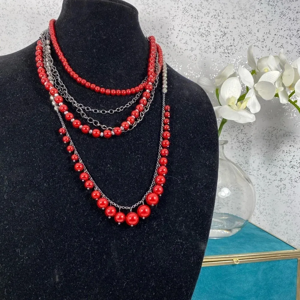 🆕 Ocasion Brand Red & Silver Layered Necklace - Image 2