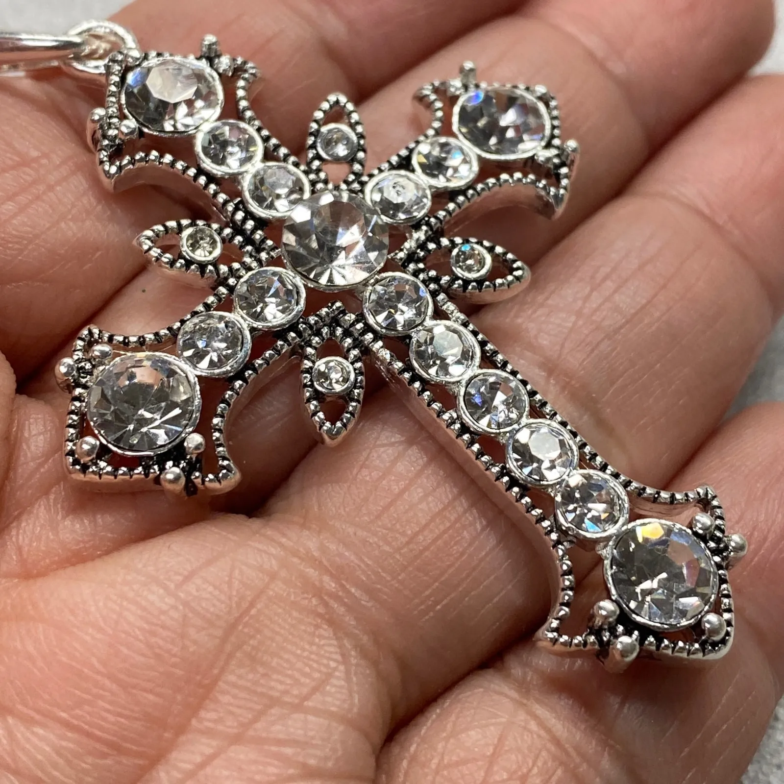 Silver Tone Cross Rhinestone Ornate Pendant Necklace Statement Religious Faith - Image 2
