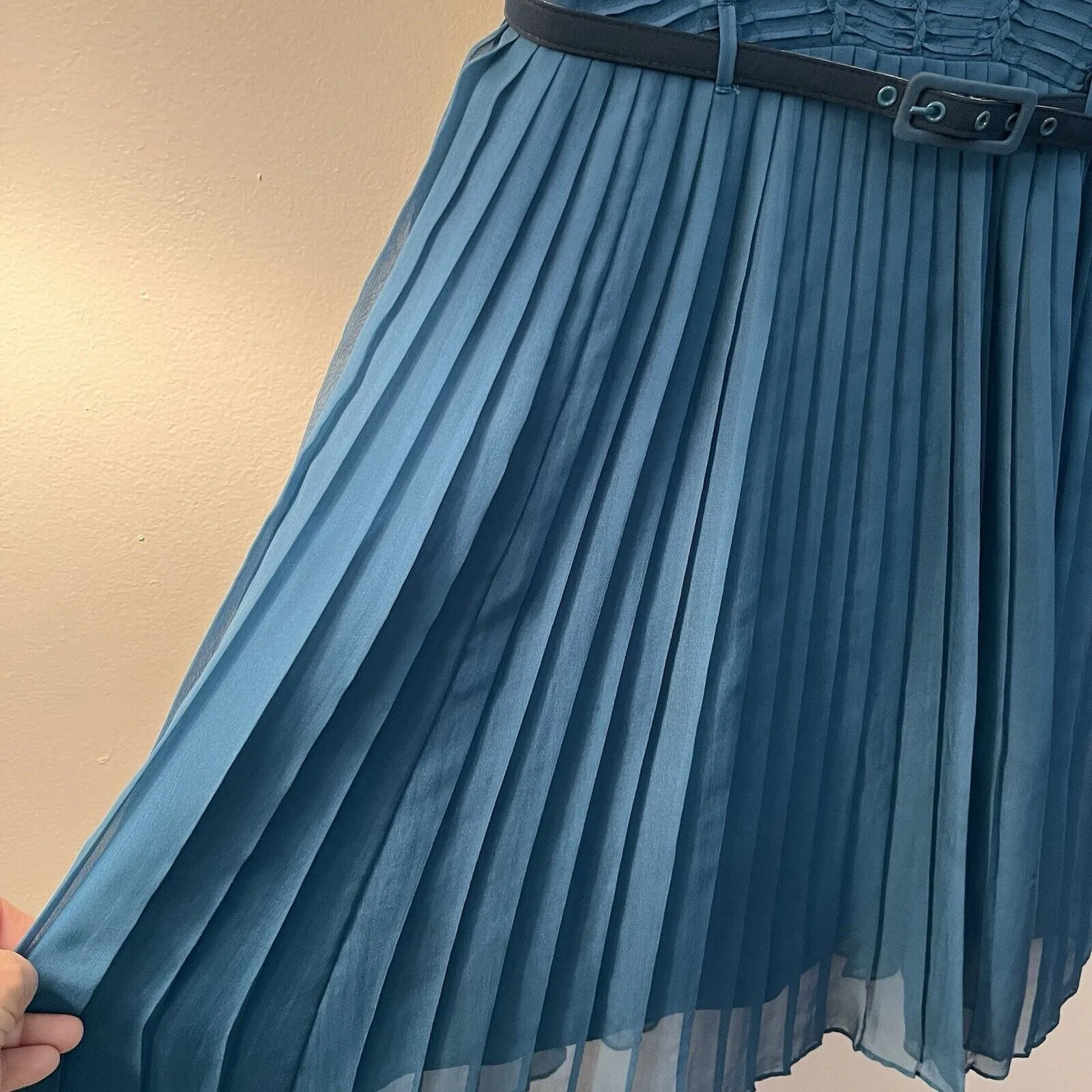 Catherine Malandrino Elli Belted Teal Blue Pleated Pintuck Silk Blend Dress 6 - Image 3