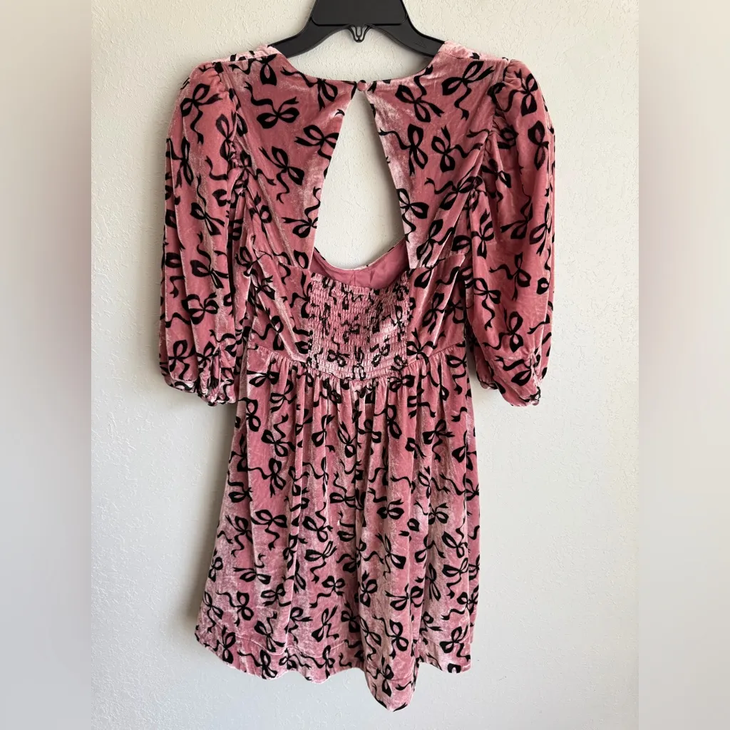 Maeve by Anthropologie Pink Black Bow Velour A-Line Mini Dress Women XS Coquette - Image 7