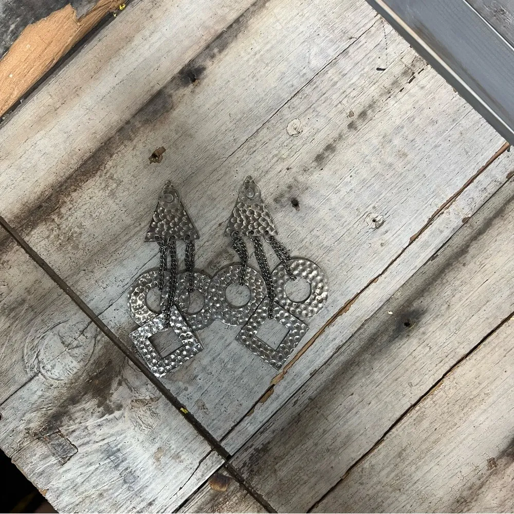 Vintage Hammered Silver Geometric Statement Earrings Retro Bold Jewelry - Image 6