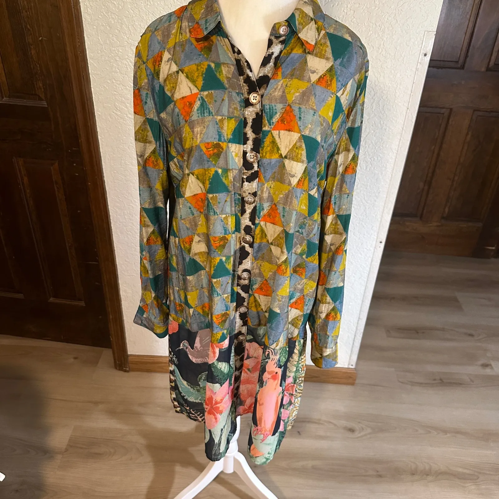 JOHN MARK Patchwork Geometric Floral Print Long Sleeve Shirt Dress Size L Birds - Image 4