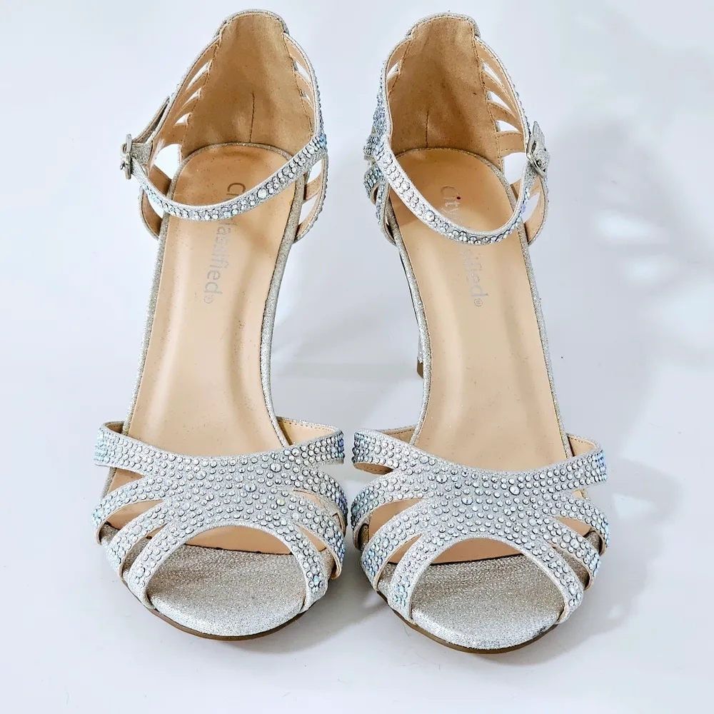 Cityclassified Reason Silver Rhinestone Heeled Sandals Size 8 - Image 6