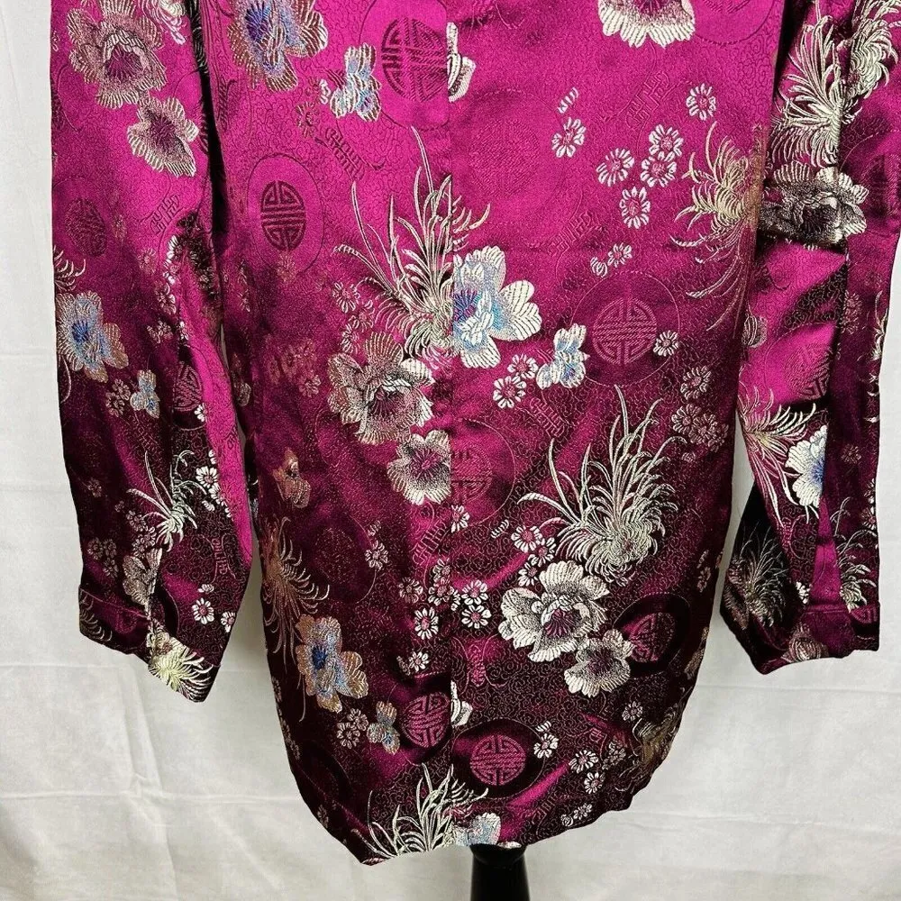 Chico's Art-to-Wear Asian Inspired Rayon Jacket Burgundy Gold Floral Sz 3 Large - Image 10